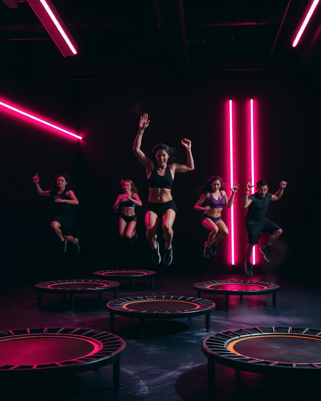 Athletes mid-jump on trampolines under pink neon lights at JOLT studio